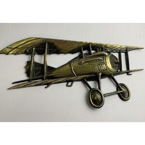 Vintage Metal Airplane 3D Wall Decor Bi-plane #1158 Japan Brass Tone (Flaw)